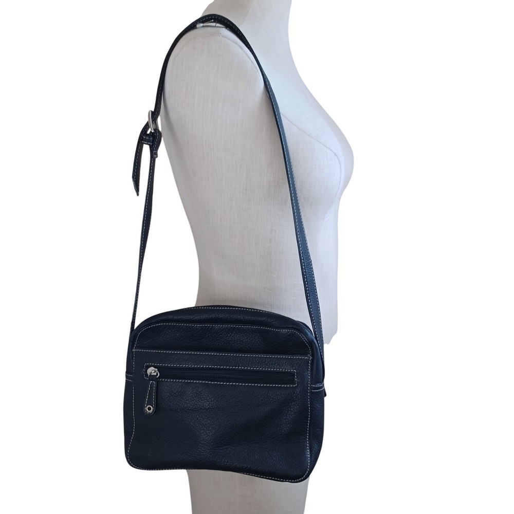 Tignanello Black Pebbled Leather Crossbody Bag Contrast Stitching Camera Style